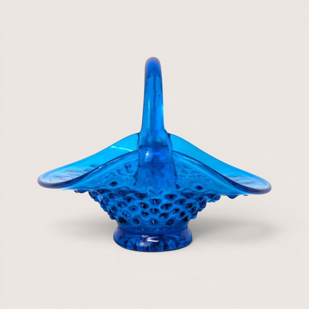 1960s Fenton Glass Blue Hobnail Applied Handle Basket